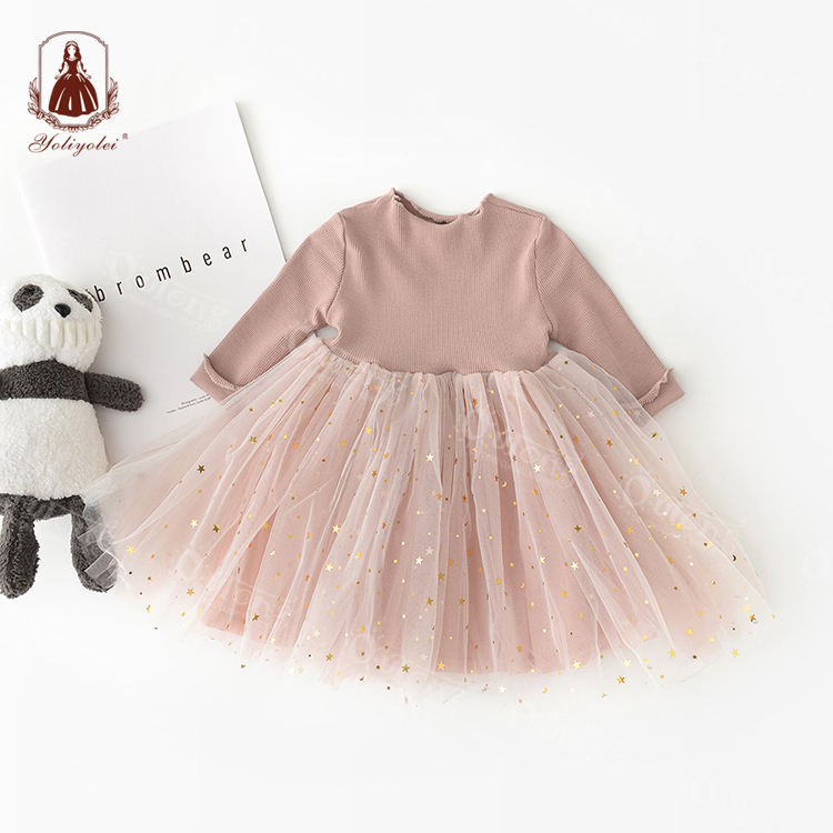 D020 Yoliyolei Child Clothes Baby Ruffle Sleeve Sweet Casual Wholesale Knitted Glitter Star Tulle Girl Children Dresses