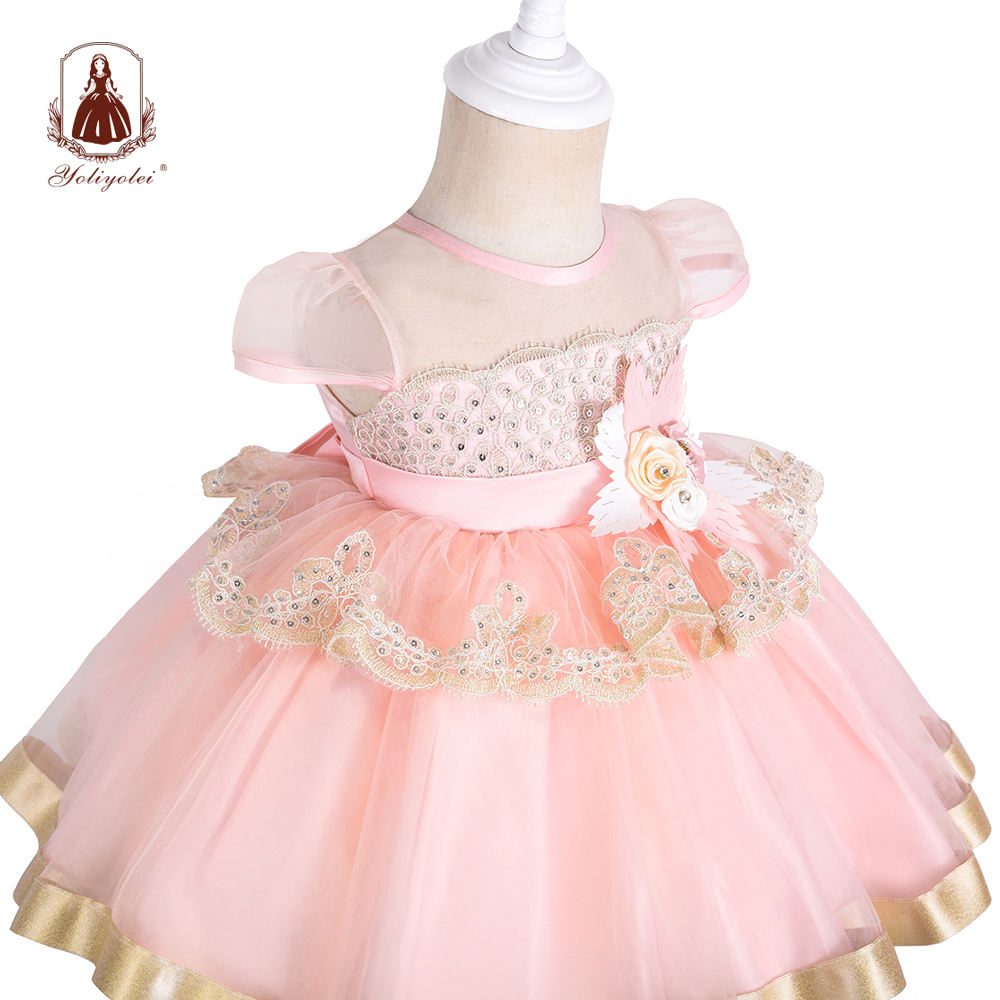 BO-707 Yoliolei Wholesalers Princess Sweet Short Sleeve Crew Neck Layered Pink Party Baby Girl Dresses