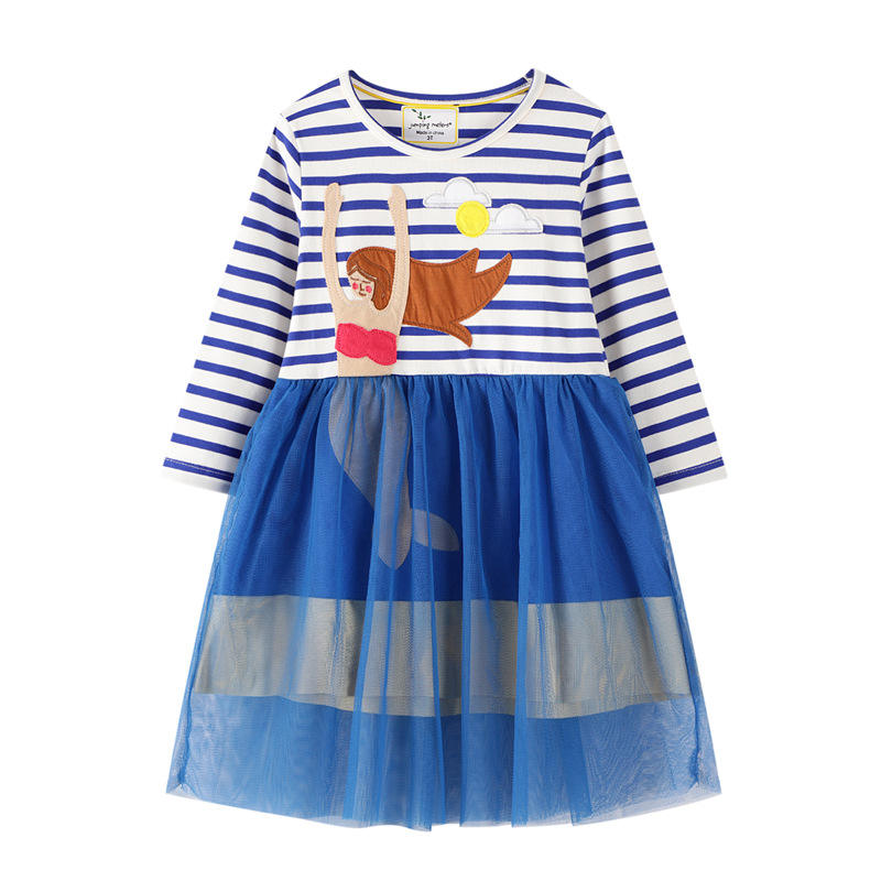 QY005 Navy A-line Fiream Cotton Longsleeve Casual Applique Cartoon Cute Winter Toddler Girls Dresses