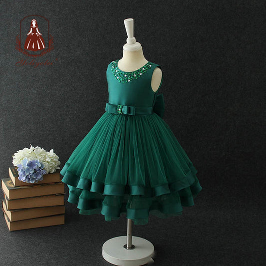 G0001 Teenage New Stylish Sleeveless Ball Gown Party Dress Evening Green Layered Girls Children Dresses For 3-5 Year Old Girl