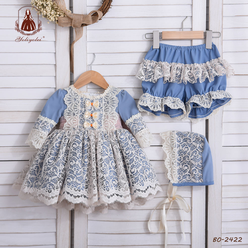 E011 Yoliyolei Wholesale Girl Clothing Baby Toddler Girl Lace Lolita Pleated Dress Summer Birthday Children Dresses With Two Bow