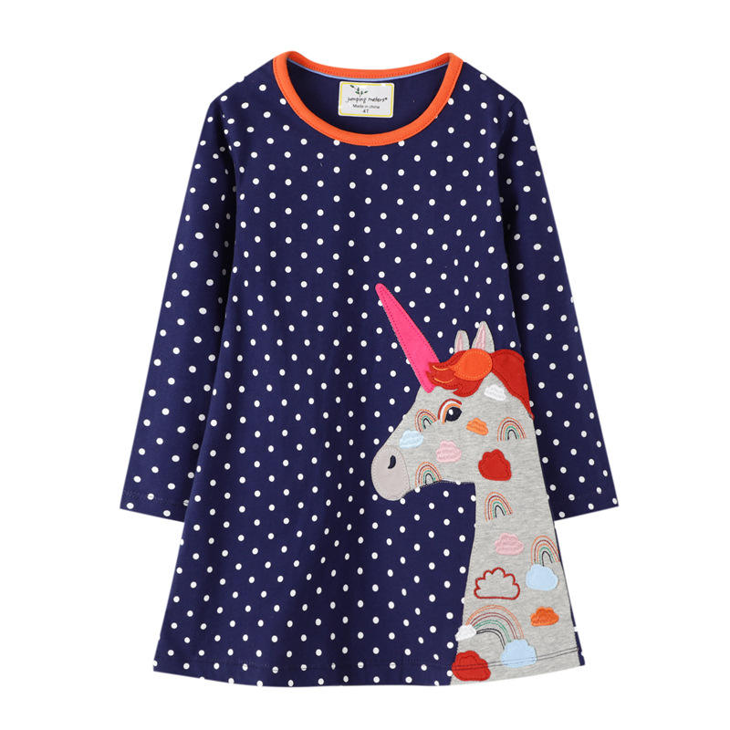 QY005 Navy A-line Fiream Cotton Longsleeve Casual Applique Cartoon Cute Winter Toddler Girls Dresses