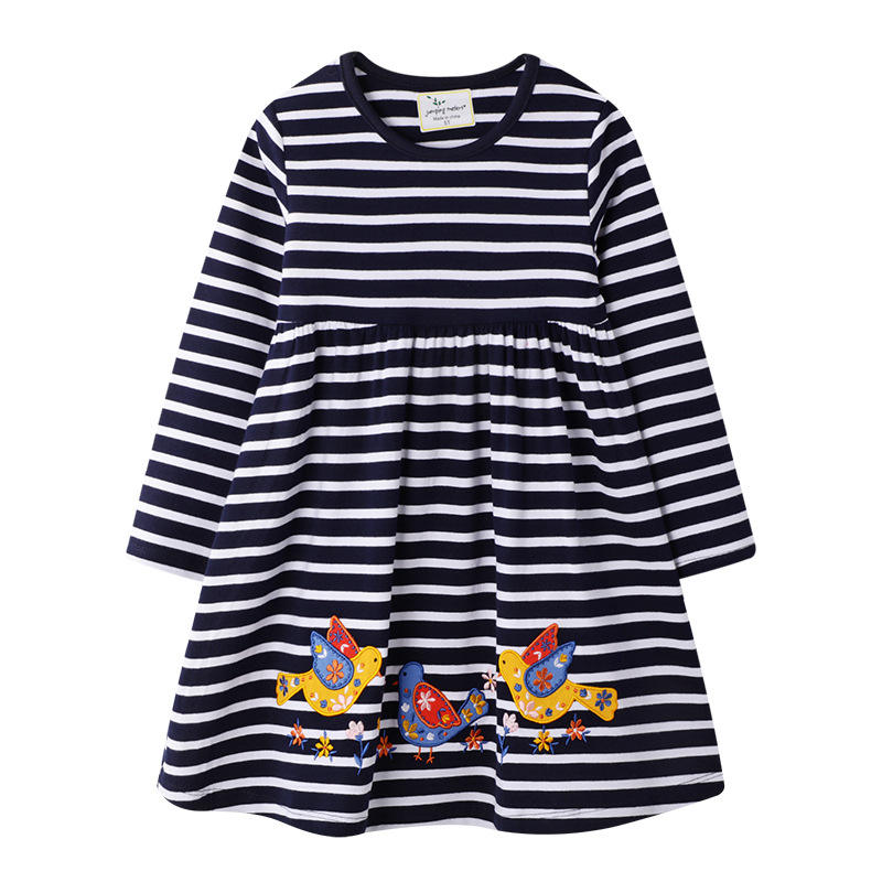 QY005 Navy A-line Fiream Cotton Longsleeve Casual Applique Cartoon Cute Winter Toddler Girls Dresses