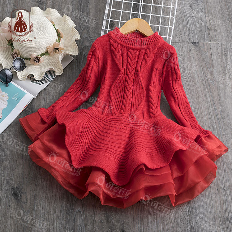 B001 Winter Fashion Solid Tulle Warm Sweater Tutu Design Dress Infant Baby Knitted Children Girl Long Sleeve Toddler Kids Girls Dress