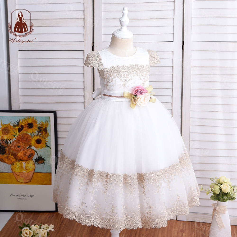 A7150 New Wholesale Long Children Dresses Elegant Party White Lace Flower Girl Prom Dress For Kid