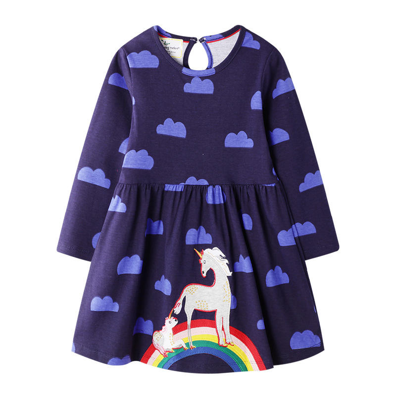 QY005 Navy A-line Fiream Cotton Longsleeve Casual Applique Cartoon Cute Winter Toddler Girls Dresses