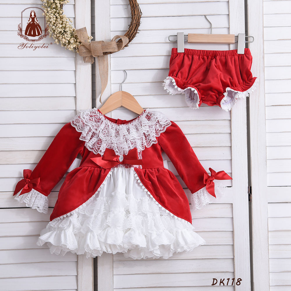 E011 Yoliyolei Wholesale Girl Clothing Baby Toddler Girl Lace Lolita Pleated Dress Summer Birthday Children Dresses With Two Bow