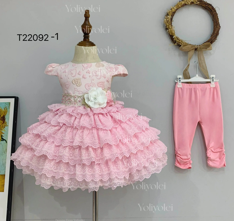 T22092-1 Yoliyolei Girl Kids Two-Piece Lace Dress with Wavy Sleeves Lace Tutu Flower Dress