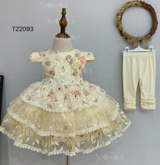 T22093 Yellow Color Little Girl Two-Piece Top And Down Sleeves Printed Mesh Dress for Birthday Party