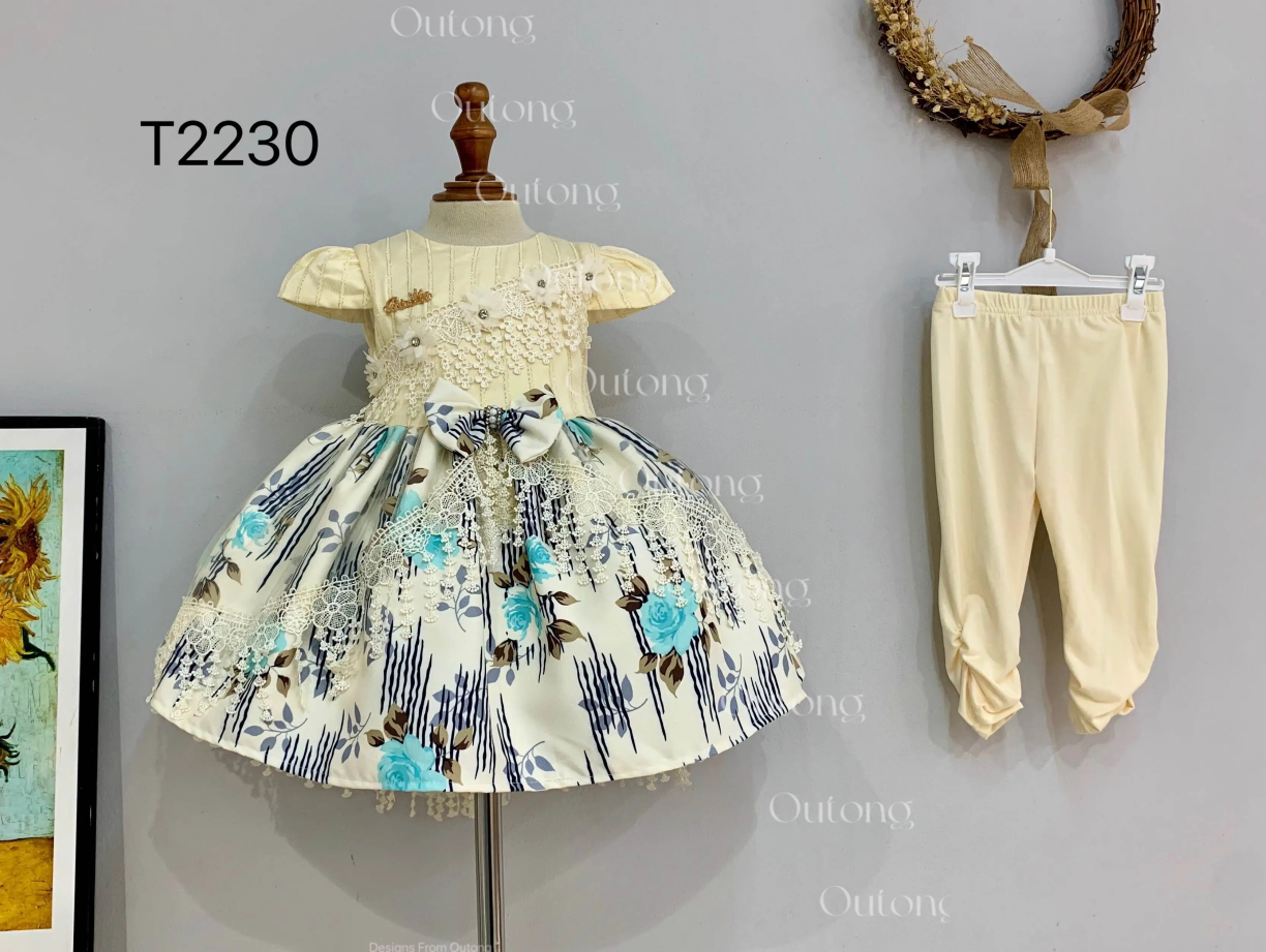 T2230 Two-Piece Elegant High Quality Customized Girl Top And Bottom Tile Sleeve Floral Flower Dress