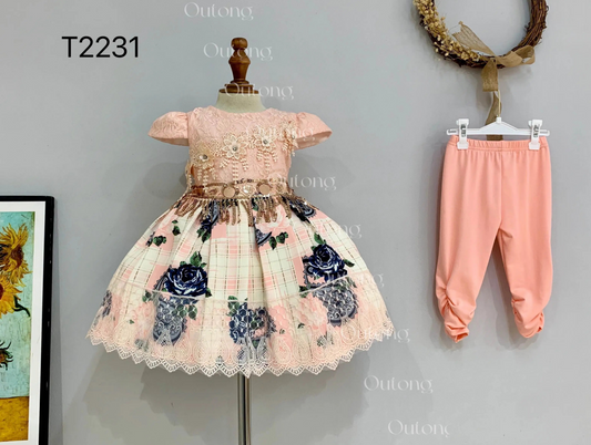 T2231 Two-piece Elegant High Quality Customized Girl top and bottom tile sleeve floral Flower dress