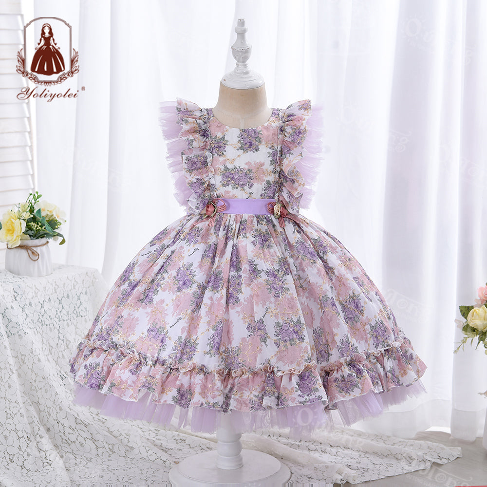 W3331 Wholesale 1st Birthday Party Dress Hollow Embroidery Floral Printed Kids Ball Gown Royal Lolita Spanish NewBorn Baby Girl Dress