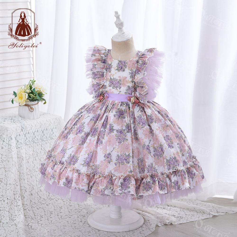 W3331 Wholesale 1st Birthday Party Dress Hollow Embroidery Floral Printed Kids Ball Gown Royal Lolita Spanish NewBorn Baby Girl Dress