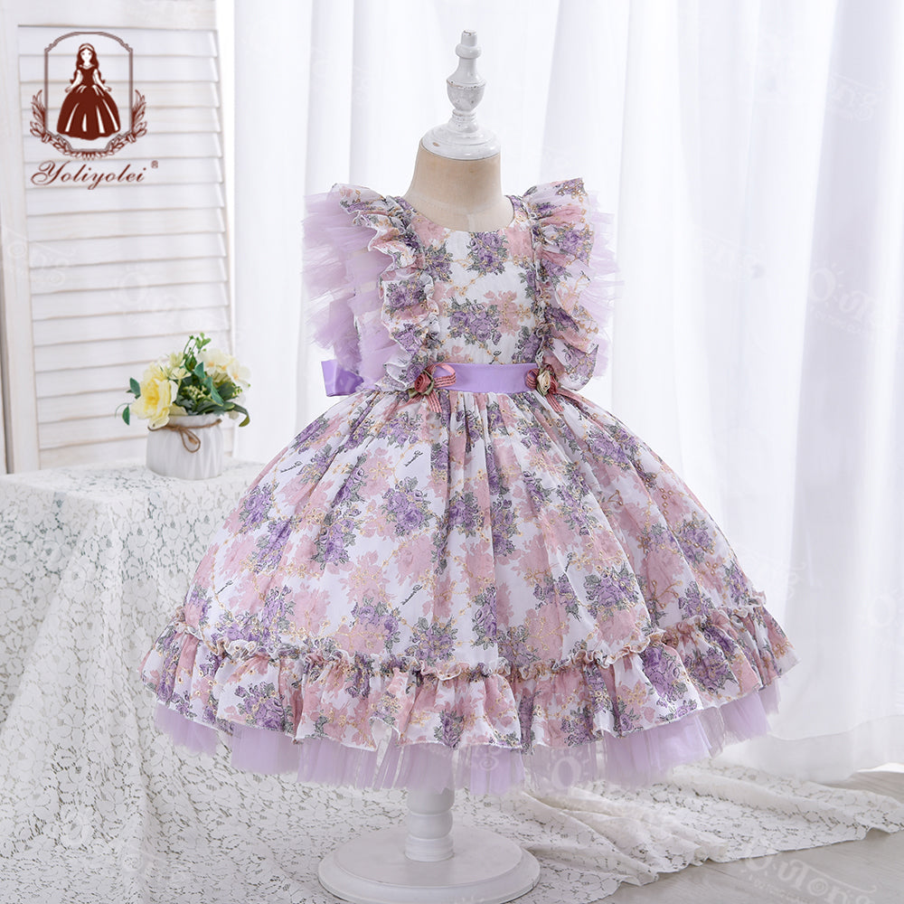 W3331 Wholesale 1st Birthday Party Dress Hollow Embroidery Floral Printed Kids Ball Gown Royal Lolita Spanish NewBorn Baby Girl Dress