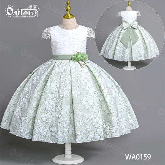 WA0159 Outong Yoliyolei 5 TO 9 Years Mint Green Girl Child Tile Sleeve Jacquard Dress