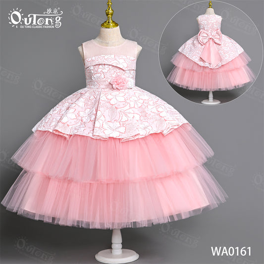 WA0161 Original Girl Flower Wedding Dress Closure Short Sleeve Jacquard Mesh Dress for Baby Kids Birthday