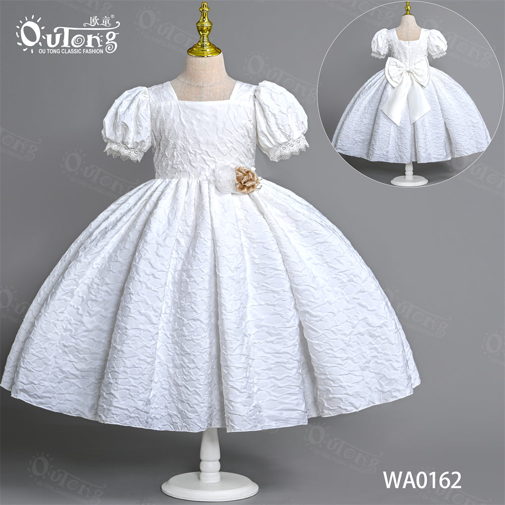 WA0162 2 to 7 Years Outong Yoliyolei Elegant White Baptism Clothing Closure Short Sleeve Jacquard Dress for Girl Kids