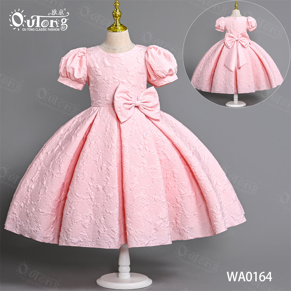 WA0164 3 to 9 Years Old Girl Princess Dress Closure Short Sleeve Jacquard Dress for Kids Birthday Party