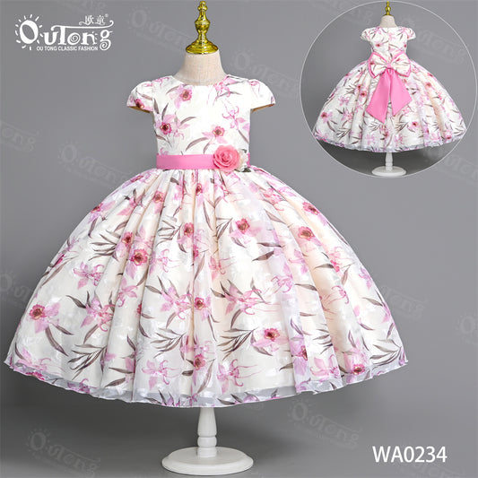 WA0234 Outong Yoliyolei Lovely Elegant Girl Kids Chiffon Print Dress with Tile Sleeves