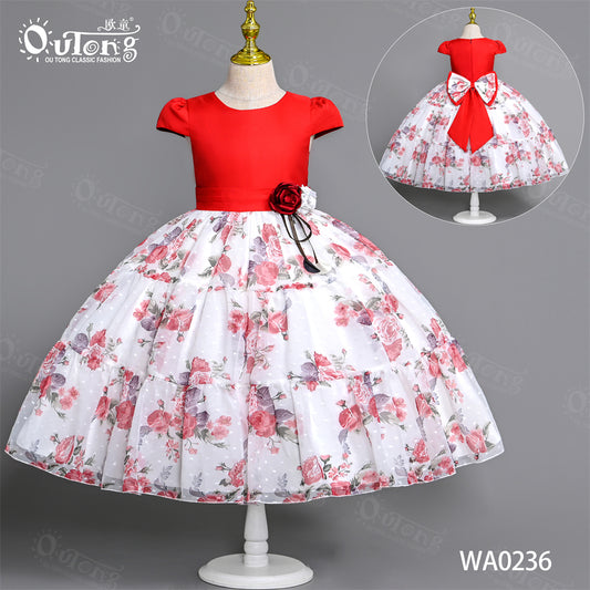 WA0236 Outong Yoliyolei Red Color Girl Kids Chiffon Print Dress with Tile Sleeves for Birthday