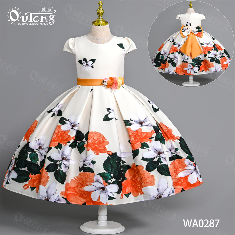 WA0287 Outong Yoliyolei Girl Flower Orange Color Tile-sleeve Print Dress