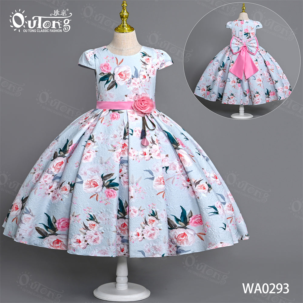 WA0293 Outong YoliyoleiTile-sleeve Print Dress Girl Birthday Party Dress fit for 3 to 9 Years Old Baby