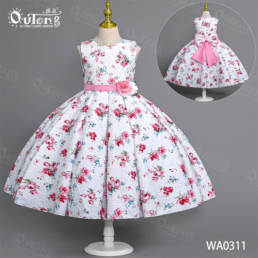 WA0311 Outong Yoliyolei Sleeveless Printed Dress Girl Elegant Flower Dress fit for 3 to 9 Years Old Kids