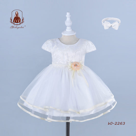 B0-2263 Baptism Headband Pure White Flowers Gown Children Clothes Child Kids Girl One Year Baby Party Dresses For 0 1 2 Years Babies