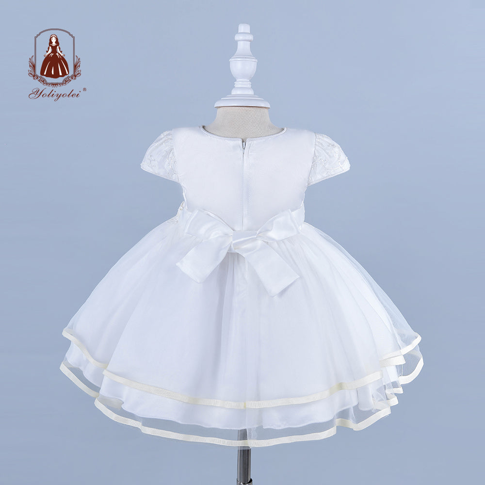 B0-2263 Baptism Headband Pure White Flowers Gown Children Clothes Child Kids Girl One Year Baby Party Dresses For 0 1 2 Years Babies