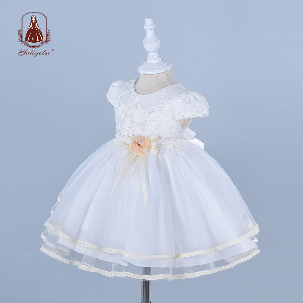 B0-2263 Baptism Headband Pure White Flowers Gown Children Clothes Child Kids Girl One Year Baby Party Dresses For 0 1 2 Years Babies