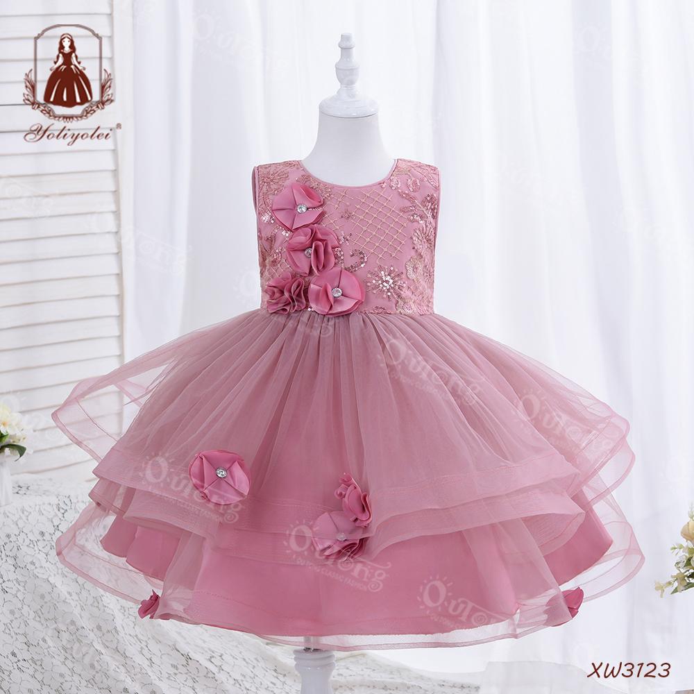 XW3123 New Model Red Lace Sparkle Novelty Gorgeous Dress Birthday Paty Wedding Baby Girl Floral Dress