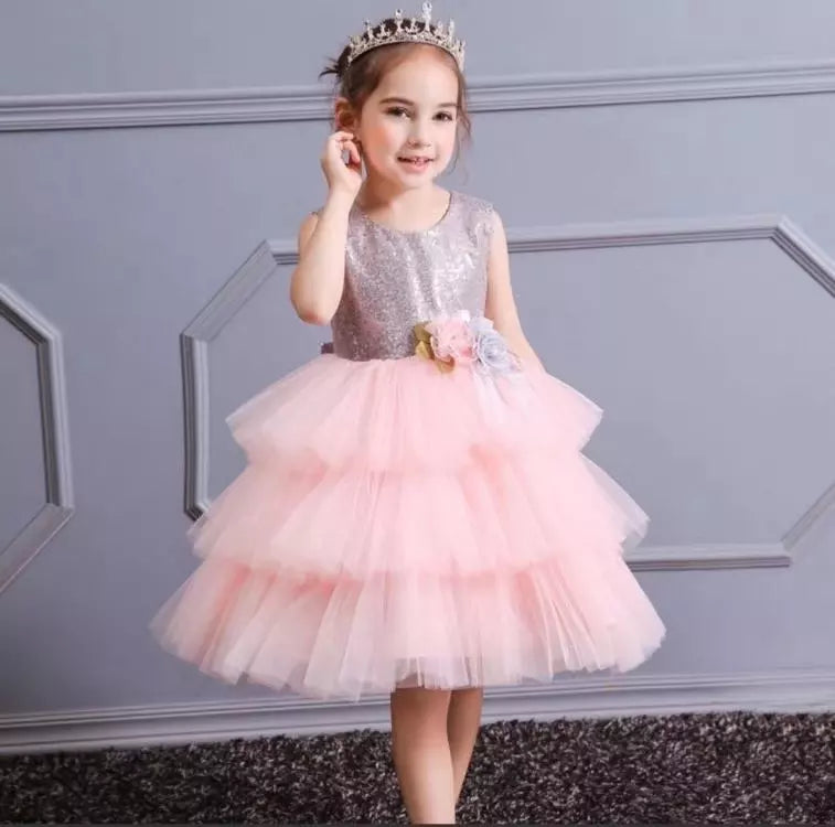 20T50 Princess Sweet Sleeveless Crew Neck Cake Smash Layered Evening Party Baby Girl Dresses Bling Sequined Dresses Ball Gown Dress