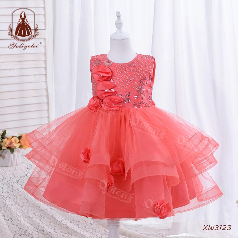 XW3123 New Model Red Lace Sparkle Novelty Gorgeous Dress Birthday Paty Wedding Baby Girl Floral Dress