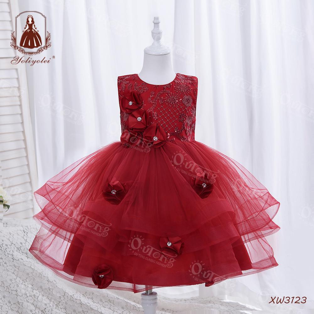 XW3123 New Model Red Lace Sparkle Novelty Gorgeous Dress Birthday Paty Wedding Baby Girl Floral Dress