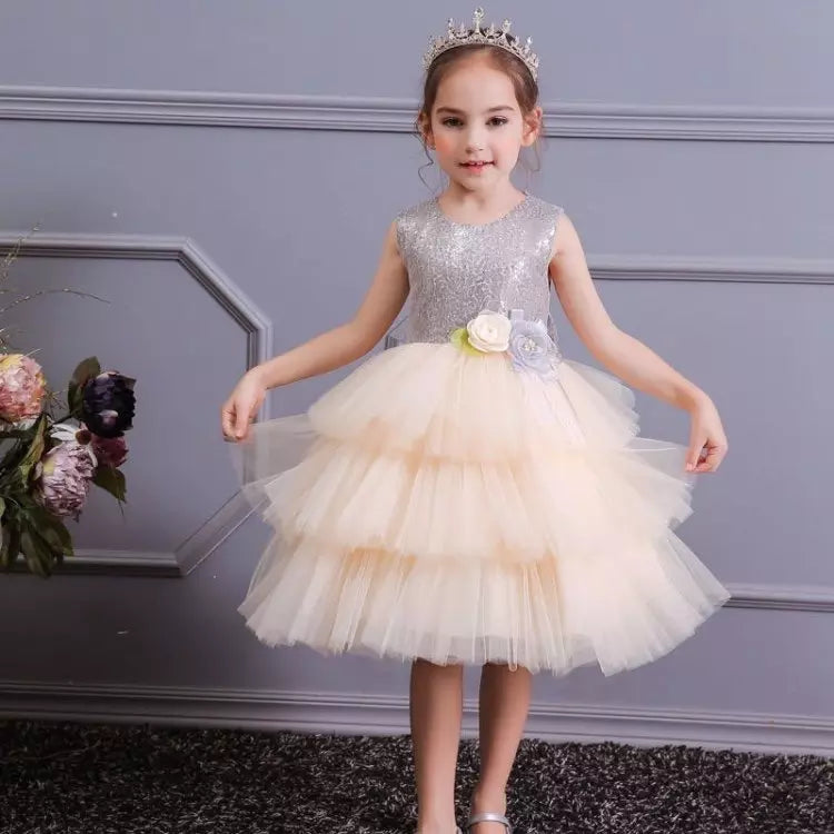 20T50 Princess Sweet Sleeveless Crew Neck Cake Smash Layered Evening Party Baby Girl Dresses Bling Sequined Dresses Ball Gown Dress