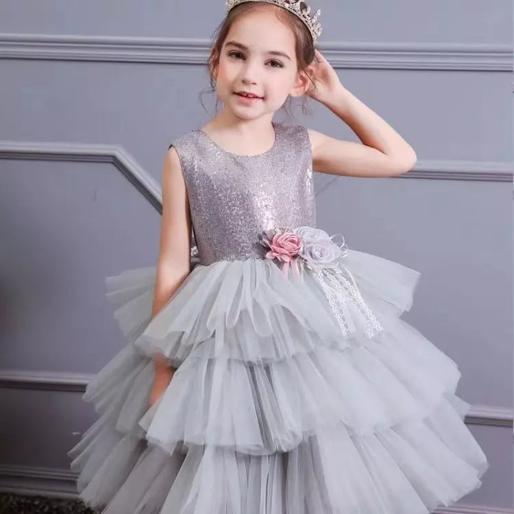 20T50 Princess Sweet Sleeveless Crew Neck Cake Smash Layered Evening Party Baby Girl Dresses Bling Sequined Dresses Ball Gown Dress