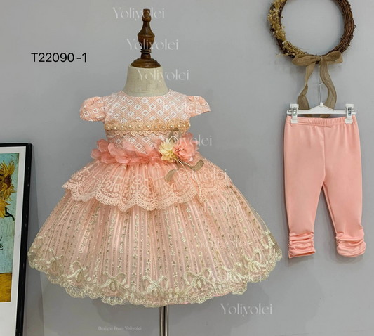 T22090-1 Yoliyolei Toddler Baby Girl Kids Two-Piece Top And Bottom Embroidered Dress With Tile Sleeves