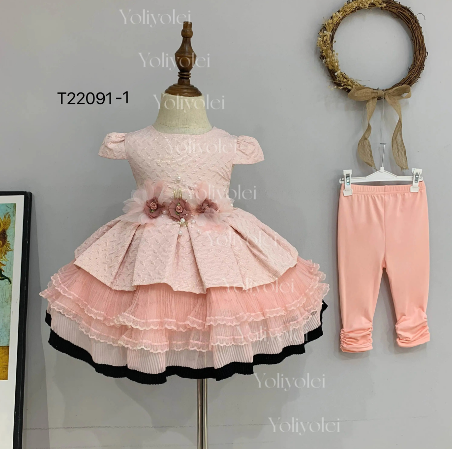 T22091-1 Yoliyolei Girl Kids Two-Piece Top And Bottom Wavy Sleeve Jacquard Tulle Lace Dress