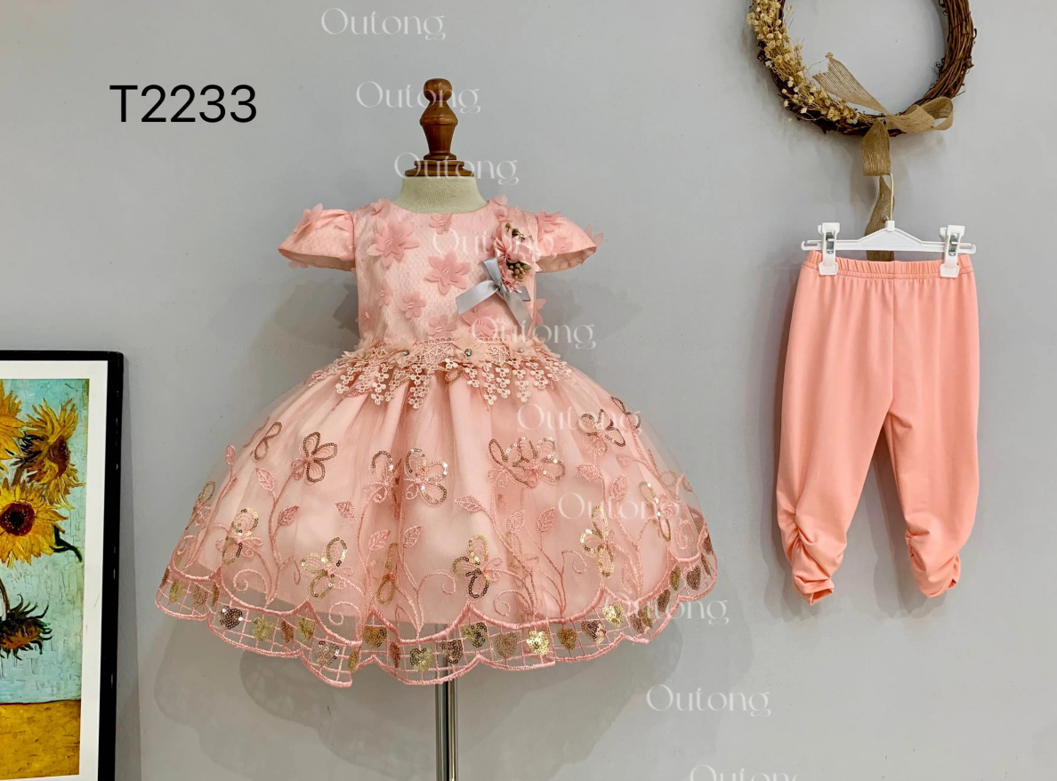 T2233 Yoliyolei Two-Piece Top And Bottom Girl Kids Elegant Embroidered Dress With Tile Sleeves