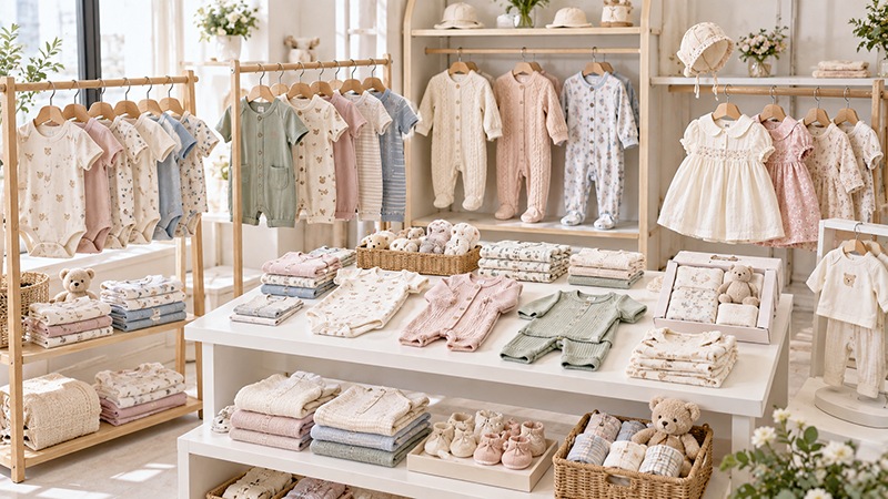 0–24M baby clothing collection with rompers, bodysuits, pajamas, dresses and baby sets