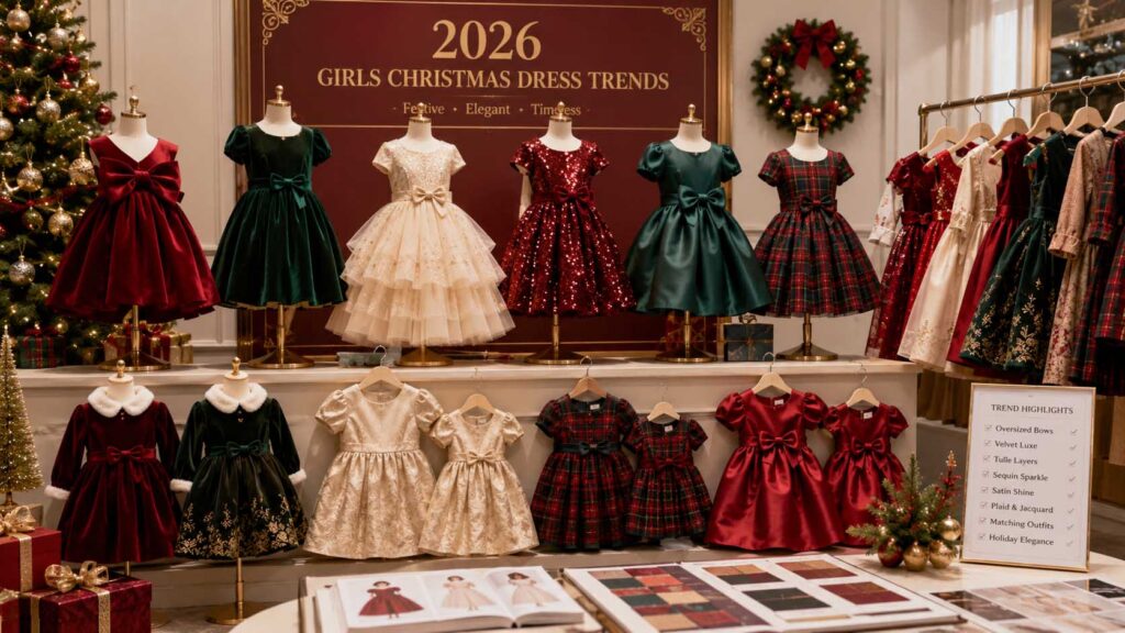 2026 girls Christmas dress trends including oversized bow dresses, velvet holiday dresses, layered tulle dresses, sequin party dresses and matching sister Christmas outfits.