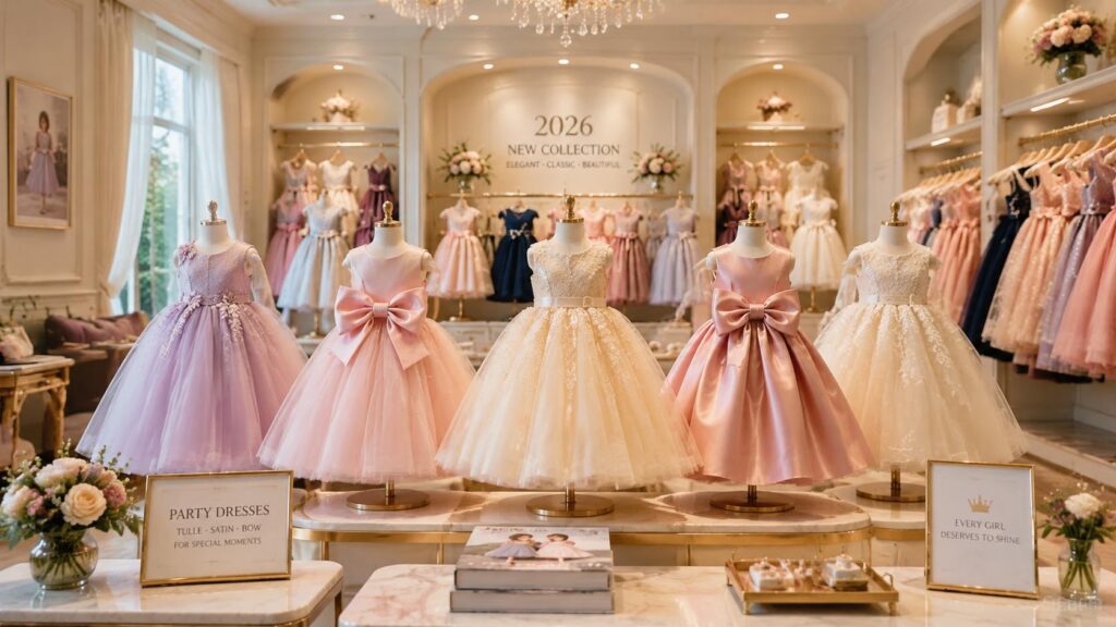 Girls party dresses collection including tulle satin and bow dresses displayed in a professional childrenswear showroom for wholesale buyers