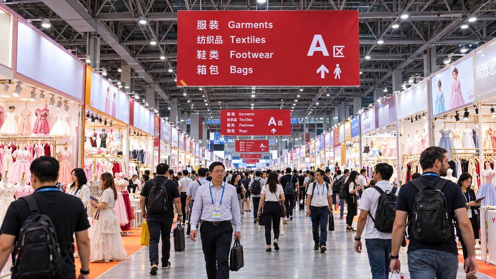 Apparel exhibition area at the Canton Fair in Guangzhou, featuring clothing suppliers and international trade buyers.