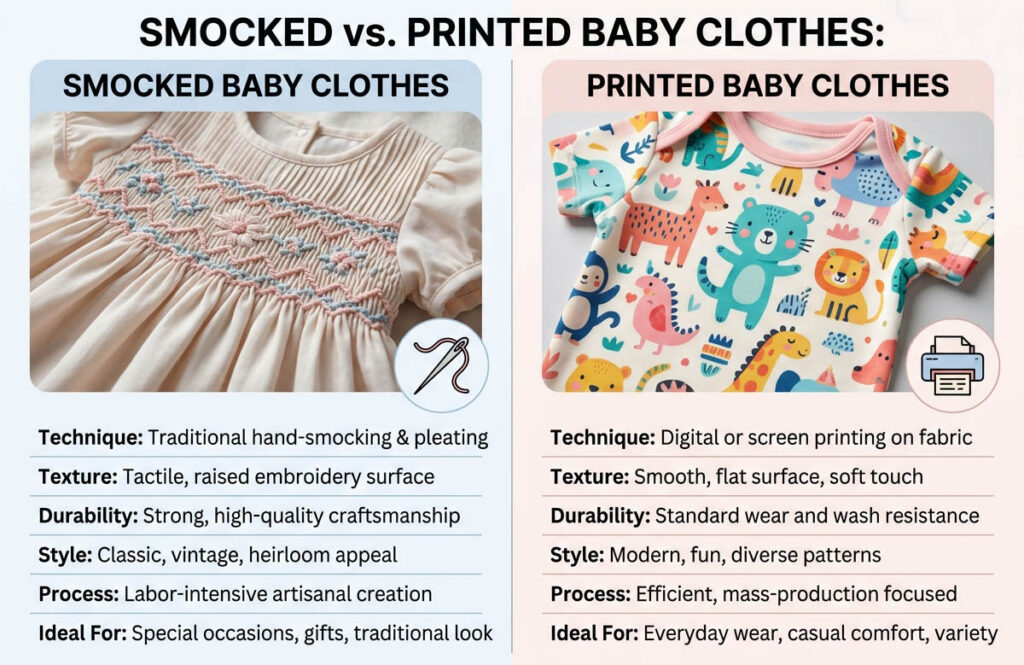 smocked vs printed baby clothes comparison
