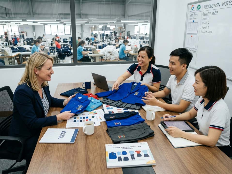 school uniform client meeting factory cooperation