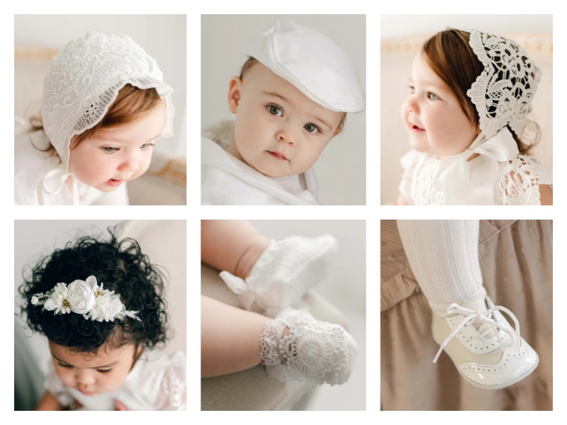 Collection of baptism accessories including lace bonnets, a white cap, floral headbands, lace socks, and white baby shoes