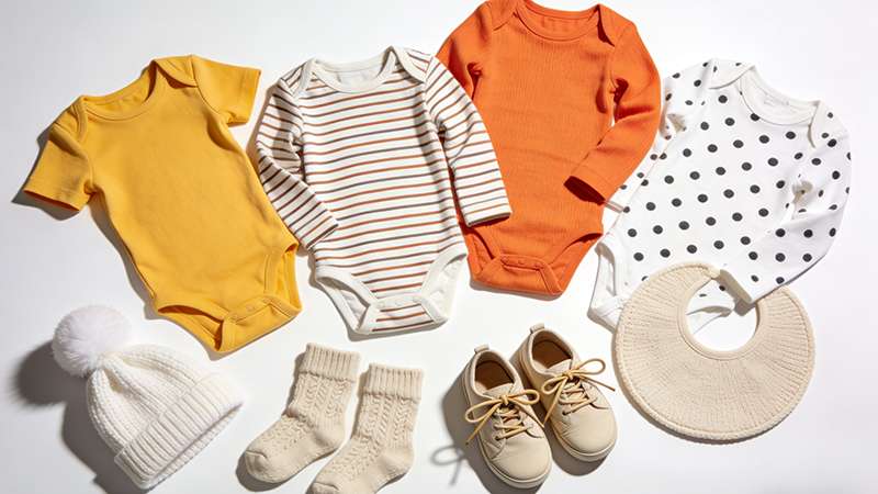 Baby rompers and accessories flat lay