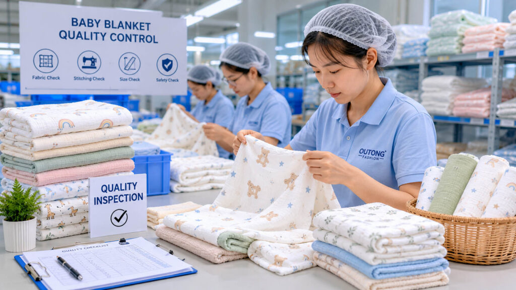 Factory workers inspecting muslin baby blankets during quality control