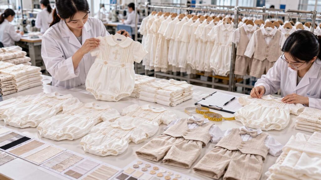 Baby boy christening outfit samples and bulk garments being checked for size, color and workmanship consistency
