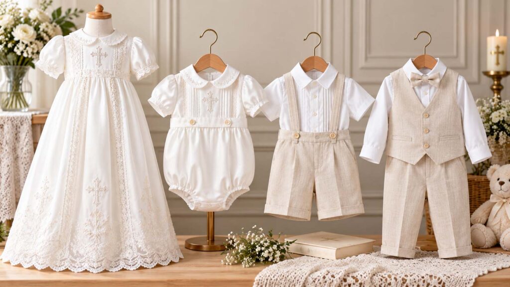 Traditional and modern baby boy christening outfits including a gown, romper and formal set